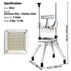 Commercial Vegetable Fruit Chopper 1/4" Blade Heavy Duty Professional Food Dicer Kattex French Fry Cutter Onion Slicer Stainless Steel for Tomato Peppers Potato Mushroom