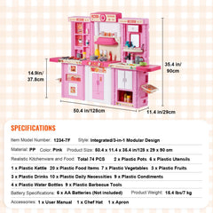 Kitchen Playset Kids Pretend Cooking Play Toy 74 Piece Accessories Pink