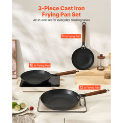 Cast Iron Skillet, 3-Piece Frying Pan Set (205, 265, 310 mm), Nonstick Skillets with Detachable Wood Handle, Pre-Seasoned Chef's Pan, Kitchen Cookware for Gas, Electrical, and Induction, Black