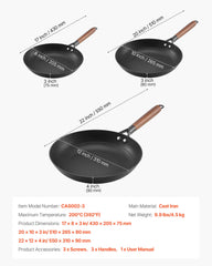 Cast Iron Skillet, 3-Piece Frying Pan Set (205, 265, 310 mm), Nonstick Skillets with Detachable Wood Handle, Pre-Seasoned Chef's Pan, Kitchen Cookware for Gas, Electrical, and Induction, Black