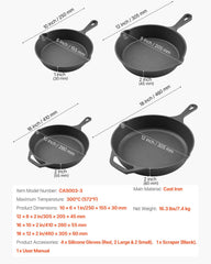 Cast Iron Skillet, 4 Pcs Frying Pan Set (155, 205, 260, 305 mm), Skillets with Heat-Resistant Silicone Handle, Pre-Seasoned Chef's Pan, Kitchen Cookware, Oven, Gas, Electrical, Induction, Black