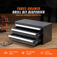 Drill Bit Dispenser Cabinet, Three-Drawer Drill Bit Organizer Cabinet for 1mm to 13mm, Steel Drill Dispenser Organizer Cabinet with Labels, Stackable Drill Dispenser for Drill Bit Storage