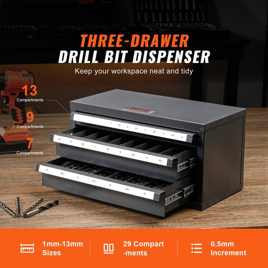 Drill Bit Dispenser Cabinet, Three-Drawer Drill Bit Organizer Cabinet for 1mm to 13mm, Steel Drill Dispenser Organizer Cabinet with Labels, Stackable Drill Dispenser for Drill Bit Storage