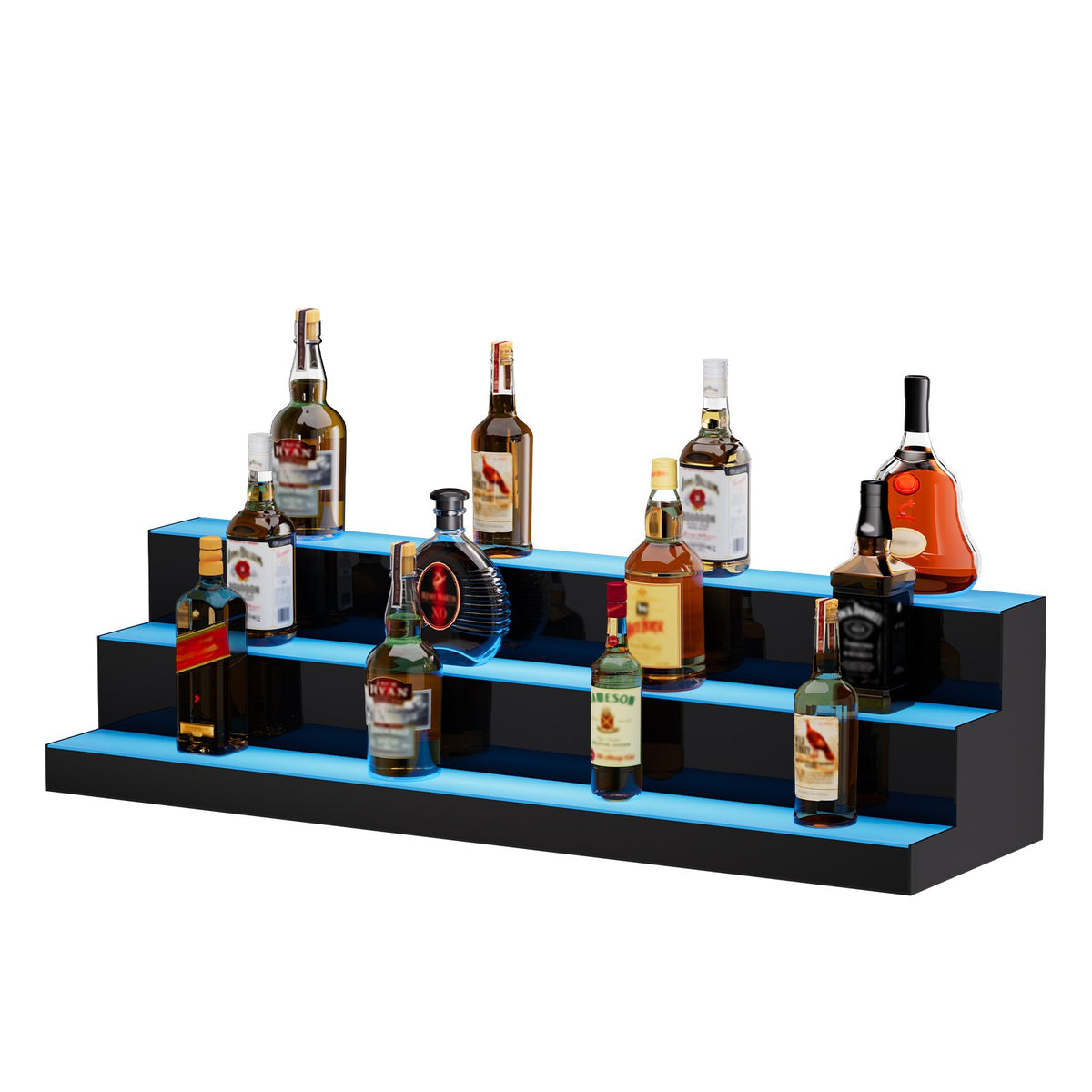 LED Lighted Liquor Bottle Display, 3 Tiers 40 Inch Commercial Illuminated Home Bar Shelf, 3 Steps Whiskey Rack Stand, Acrylic Drink Shelves with RF Remote & App Control, and Multicolor lighting