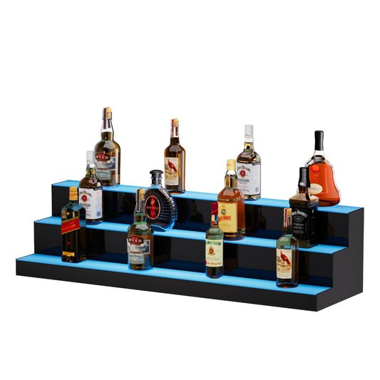 LED Lighted Liquor Bottle Display, 3 Tiers 40 Inch Commercial Illuminated Home Bar Shelf, 3 Steps Whiskey Rack Stand, Acrylic Drink Shelves with RF Remote & App Control, and Multicolor lighting