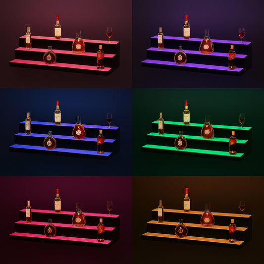 LED Lighted Liquor Bottle Display, 3 Tiers 40 Inch Commercial Illuminated Home Bar Shelf, 3 Steps Whiskey Rack Stand, Acrylic Drink Shelves with RF Remote & App Control, and Multicolor lighting