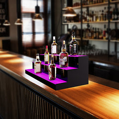 LED Lighted Liquor Bottle Display, 3 Tiers 40 Inch Commercial Illuminated Home Bar Shelf, 3 Steps Whiskey Rack Stand, Acrylic Drink Shelves with RF Remote & App Control, and Multicolor lighting