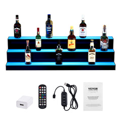 LED Lighted Liquor Bottle Display, 3 Tiers 40 Inch Commercial Illuminated Home Bar Shelf, 3 Steps Whiskey Rack Stand, Acrylic Drink Shelves with RF Remote & App Control, and Multicolor lighting