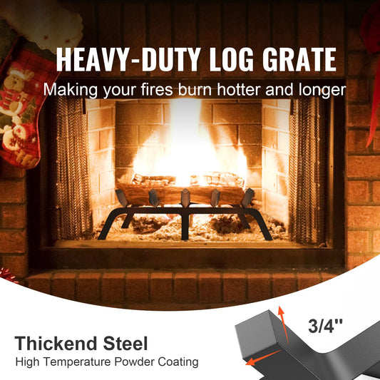 Fireplace Log Grate, 609.6mm Heavy Duty Fireplace Grate with 6 Support Legs, 19.05mm Solid Powder-coated Steel Bars, Log Firewood Burning Rack Holder for Indoor and Outdoor Fireplace