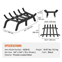 Fireplace Log Grate, 609.6mm Heavy Duty Fireplace Grate with 6 Support Legs, 19.05mm Solid Powder-coated Steel Bars, Log Firewood Burning Rack Holder for Indoor and Outdoor Fireplace