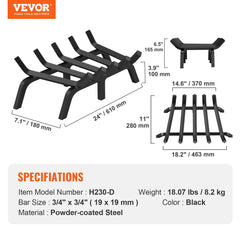 Fireplace Log Grate, 609.6mm Heavy Duty Fireplace Grate with 6 Support Legs, 19.05mm Solid Powder-coated Steel Bars, Log Firewood Burning Rack Holder for Indoor and Outdoor Fireplace