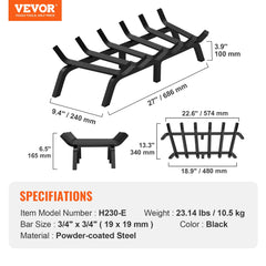 Fireplace Log Grate, 685.8mm Heavy Duty Fireplace Grate with 6 Support Legs, 19.05mm Solid Powder-coated Steel Bars, Log Firewood Burning Rack Holder for Indoor and Outdoor Fireplace