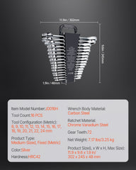 Combination Wrench Set, 16-Piece Ratcheting Wrench Set with Organizer Rack, Cr-V Steel Wrench Set Metric 8 mm to 24 mm, Ideal for General Household, Garage, Workshop, Auto Repairs, Emergency