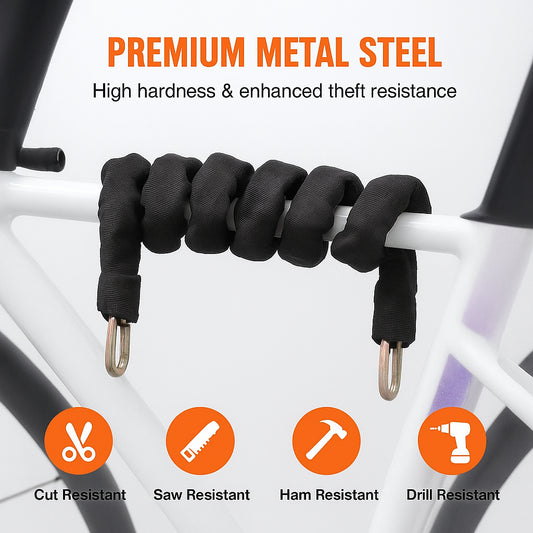 Bike Chain Lock, 5.91 Ft Security Bicycle Chain Lock, Heavy Duty Metal Steel Anti-Theft High Security Bike Locks, Perfect for Bike, Motorcycle, Scooter, Bicycle, Door, Fence, Gate, 9.5mm, Black