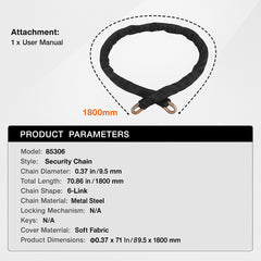 Bike Chain Lock, 5.91 Ft Security Bicycle Chain Lock, Heavy Duty Metal Steel Anti-Theft High Security Bike Locks, Perfect for Bike, Motorcycle, Scooter, Bicycle, Door, Fence, Gate, 9.5mm, Black
