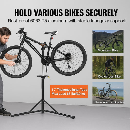 Bike Repair Stand, 66 lbs Heavy-duty Aluminum Bicycle Repair Stand, Adjustable Height Bike Maintenance Workstand with Magnetic Tool Tray Telescopic Arm, Foldable Bike Work Stand for Home, Shops