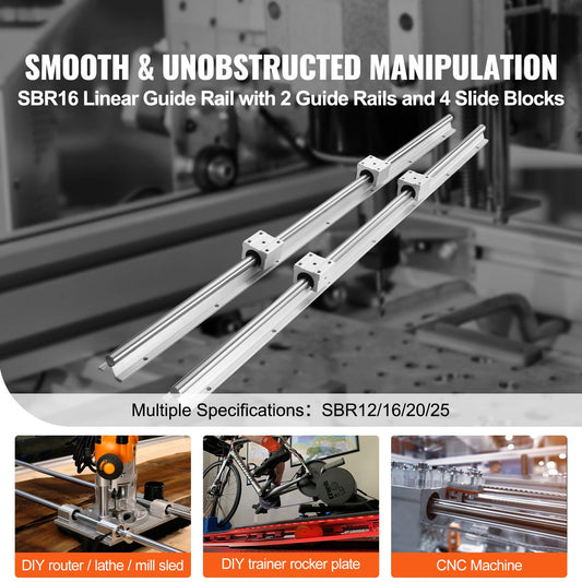 Linear Guide Rail Set, SBR16 1000mm, 2 PCS 39.4 in/1000 mm SBR16 Guide Rails and 4 PCS SBR16UU Slide Blocks, Linear Rails and Bearings Kit for Automated Machines DIY Project CNC Router Machines
