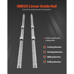 Linear Guide Rail Set, SBR20 1500mm, 2 PCS 59 in/1500 mm SBR20 Guide Rails and 4 PCS SBR20UU Slide Blocks, Linear Rails and Bearings Kit for Automated Machines DIY Project CNC Router Machines