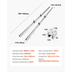 Linear Guide Rail Set, SBR20 1500mm, 2 PCS 59 in/1500 mm SBR20 Guide Rails and 4 PCS SBR20UU Slide Blocks, Linear Rails and Bearings Kit for Automated Machines DIY Project CNC Router Machines