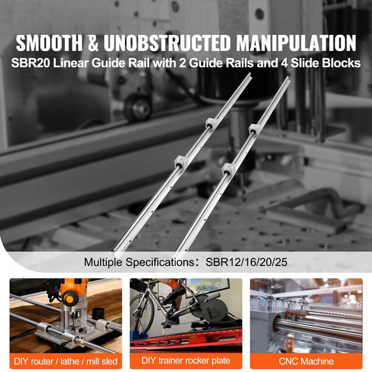 Linear Guide Rail Set, SBR20 1500mm, 2 PCS 59 in/1500 mm SBR20 Guide Rails and 4 PCS SBR20UU Slide Blocks, Linear Rails and Bearings Kit for Automated Machines DIY Project CNC Router Machines