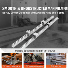Linear Guide Rail Set, SBR20 1800mm, 2 PCS 70.9 in/1800 mm SBR20 Guide Rails and 4 PCS SBR20UU Slide Blocks, Linear Rails and Bearings Kit for Automated Machines DIY Project CNC Router Machines