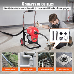 Drain Cleaner Machine 120FT x 6/5" 1100W Sectional Snake Auger Manual Feed
