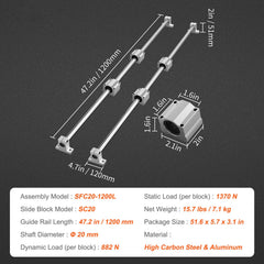 Linear Guide Rail Set, SFC20 1200mm, 2 PCS 47.2 in/1200 mm SFC20 Guide Rails 4 PCS SC20 Slide Blocks 4 PCS Rail Supports, Linear Rails and Bearings Kit for Automated Machines CNC DIY Project