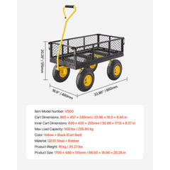 500 Lbs Steel Garden Cart, Heavy Duty Garden Wagon Cart Pullable on Wheels, Metal Yard Utility Wagon Carts with 10" All Terrain Tires, Mesh Removable Sides and 180°Rotating Handle