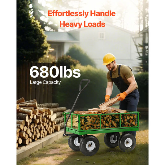680 Lbs Steel Garden Cart on Wheels, Heavy Duty Garden Wagon Cart Pullable, Metal Outdoor Utility Yard Wagon Carts with 10" Tires, Mesh Removable Sides and 180°Rotating Handle