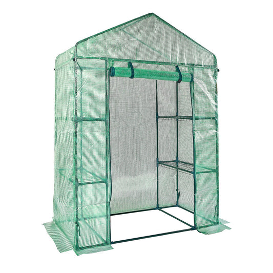 Walk-in Green House, 4.6 x 2.4 x 6.7 ft Greenhouse with Shelves, Set Up in Minutes, High Strength PE Cover with Doors & Windows and Steel Frame, Suitable for Planting and Storage, Green