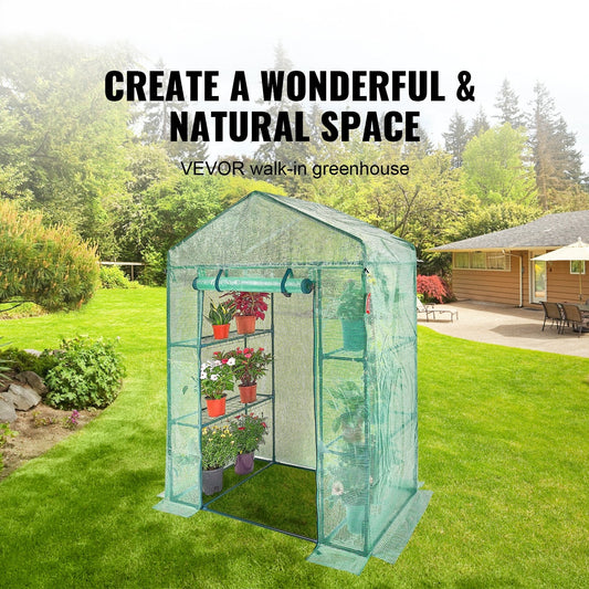 Walk-in Green House, 4.6 x 2.4 x 6.7 ft Greenhouse with Shelves, Set Up in Minutes, High Strength PE Cover with Doors & Windows and Steel Frame, Suitable for Planting and Storage, Green