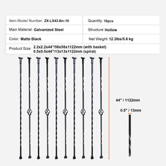 Staircase Metal Balusters, 44'' x 1/2" Galvanized Steel Decorative Banister Spindles, 10 Pack Deck Baluster with Hollow Single Baskets, Twists, Spiral Stair Railing w/ Shoes & Screws