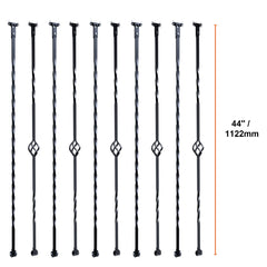 Staircase Metal Balusters, 44'' x 1/2" Galvanized Steel Decorative Banister Spindles, 10 Pack Deck Baluster with Hollow Single Baskets, Twists, Spiral Stair Railing w/ Shoes & Screws