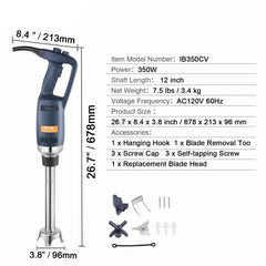 Commercial Immersion Blender, 350W Heavy Duty Hand Mixer, 12 inch Stepless Variable Speed Mixer with Stainless Steel Blade, Multi-Purpose Portable Mixer for Soup, Sauces, Mashed Potatoes, Cream