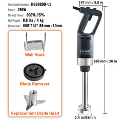 Commercial Immersion Blender, 750W 12" Heavy Duty Hand Mixer, Variable Speed Kitchen Stick Mixer with 304 Stainless Steel Blade, Multi-Purpose Portable Mixer for Soup, Smoothie, Puree, Baby Food