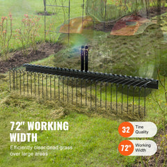 Tow Behind Landscape Rake, 1.8m Tow Dethatcher with 32 Steel Tines, Lawn Dethatcher Rake Attaches to Category 1, 3 Point Hitch for Tractor, for Leaves, Pine Needles, Straw, and Grass