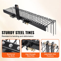 Tow Behind Landscape Rake, 1.8m Tow Dethatcher with 32 Steel Tines, Lawn Dethatcher Rake Attaches to Category 1, 3 Point Hitch for Tractor, for Leaves, Pine Needles, Straw, and Grass