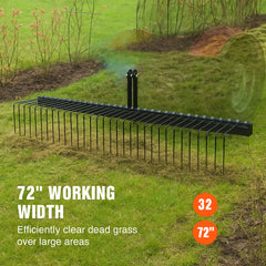 Tow Behind Landscape Rake, 1.8m Tow Dethatcher with 32 Steel Tines, Lawn Dethatcher Rake Attaches to Category 1, 3 Point Hitch for Tractor, for Leaves, Pine Needles, Straw, and Grass