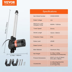 Linear Actuator 12V, 12 Inch Heavy Duty 1320lbs/6000N Linear Actuator, 0.19"/s Linear Motion Actuator with Mounting Bracket & IP44 Protection for Electric Door Industrial Machinery Vessels Cargo