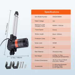 Linear Actuator 12V, 8 Inch Heavy Duty 1320lbs/6000N Linear Actuator, 0.19"/s Linear Motion Actuator with Mounting Bracket & IP44 Protection for Electric Door Industrial Machinery Vessels Cargo