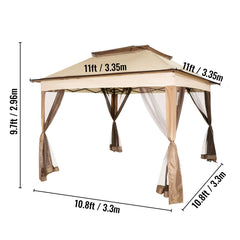 Outdoor Canopy Gazebo Tent, Portable Canopy Shelter with 11\'x11\' Large Shade Space for Party, Backyard, Patio Lawn and Garden, 4 Sandbags, Carrying Bag and Netting Included, Brown