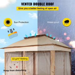 Outdoor Canopy Gazebo Tent, Portable Canopy Shelter with 11\'x11\' Large Shade Space for Party, Backyard, Patio Lawn and Garden, 4 Sandbags, Carrying Bag and Netting Included, Brown