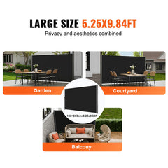 Retractable Side Awning, 160X300cm Aluminum Outdoor Privacy Screen, 280g Polyester Water-proof Retractable Patio Screen, UV 30+ Room Divider Wind Screen for Patio, Backyard, Balcony, Black