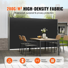 Retractable Side Awning, 160X300cm Aluminum Outdoor Privacy Screen, 280g Polyester Water-proof Retractable Patio Screen, UV 30+ Room Divider Wind Screen for Patio, Backyard, Balcony, Black