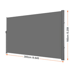 Retractable Side Awning, 160X300m Aluminum Outdoor Privacy Screen, 280g Polyester Water-proof Retractable Patio Screen, UV 30+ Room Divider Wind Screen for Patio, Backyard, Balcony, Gray