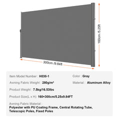 Retractable Side Awning, 160X300m Aluminum Outdoor Privacy Screen, 280g Polyester Water-proof Retractable Patio Screen, UV 30+ Room Divider Wind Screen for Patio, Backyard, Balcony, Gray