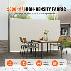Retractable Side Awning,160X300cm Aluminum Outdoor Privacy Screen, 280g Polyester Water-proof Retractable Patio Screen, UV 30+ Room Divider Wind Screen for Patio, Backyard, Balcony, Beige