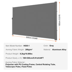 Retractable Side Awning, 180X300cm Aluminum Outdoor Privacy Screen, 280g Polyester Water-proof Retractable Patio Screen, UV 30+ Room Divider Wind Screen for Patio, Backyard, Balcony, Gray