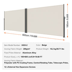 Retractable Side Awning, 180X600cm Aluminum Outdoor Privacy Screen, 280g Polyester Water-proof Retractable Patio Screen, UV 30+ Room Divider Wind Screen for Patio, Backyard, Balcony, Beige