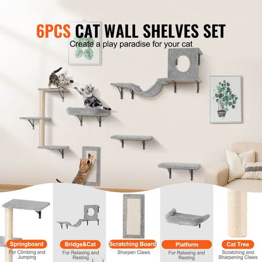 Wall Mounted Cat Shelves, Cat Wall Shelves and Perches with Jumping Boards, Hammock, Sofa, Cat Tree & Cat Grip, Cat Furniture and Shelves up to 40 lbs for Sleeping, Playing, Climbing, Set of 6